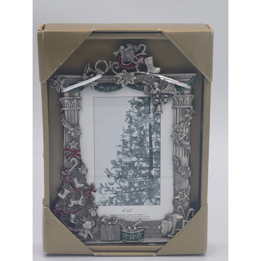 St. Nicholas Square Christmas Fireplace Picture Frame Pewter Style Holiday NIB